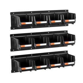 VEVOR Wall Mounted Storage Bins, 12 Plastic Bins & 3 Metal Rails, Plastic Hanging Stackable Storage Bin for Screws, Nuts, Bolts, Nails